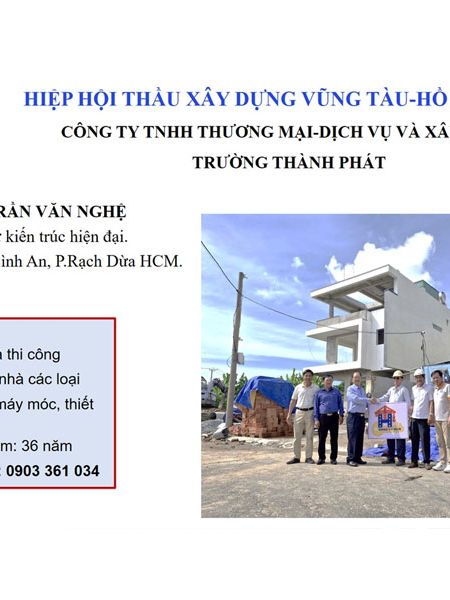 Ban điều hành Hiệp hội thầu xây dựng Vũng Tàu-Hồ Chí Minh thăm và trao Logo biểu tượng của HHXD VT-HCM đến Ông. TRẦN VĂN NGHỆ đại diện nhà thầu xây dựng CÔNG TY TNHH THƯƠNG MẠI-DỊCH VỤ VÀ XÂY DỰNG TRƯỜNG THÀNH PHÁT - P. Chủ tịch Hiệp hội